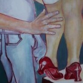 Gemälde in Mischtechnik eines Mannes und einer fülligen Frau mit roten Schuhen,
       Illustration des Liedes Schüttel Deinen Speck von von Peter Fox